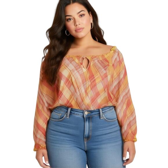 NWOT Lane Bryant Plaid Long Sleeve Keyhole Blouse - Picture 1 of 11
